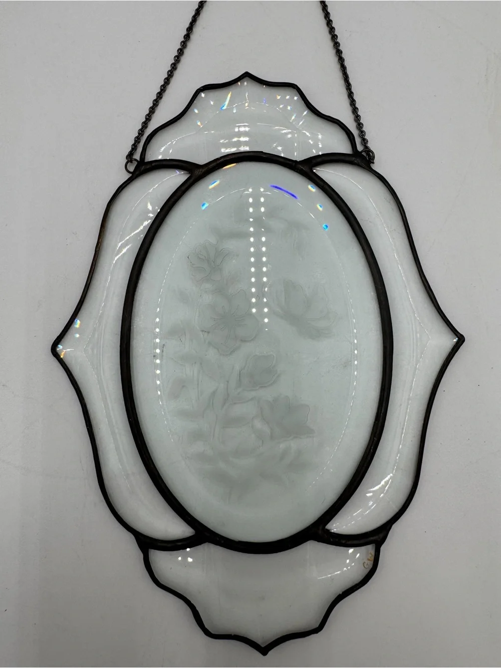 Vintage Leaded Stained Glass Hanging Suncatcher Etched Floral Oval Window Panel